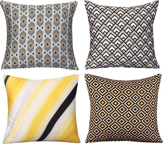 Cotton Fabric Throw Pillows, 4 Pack (16"x16") Cover & Insert, Grey and Yellow Geometric