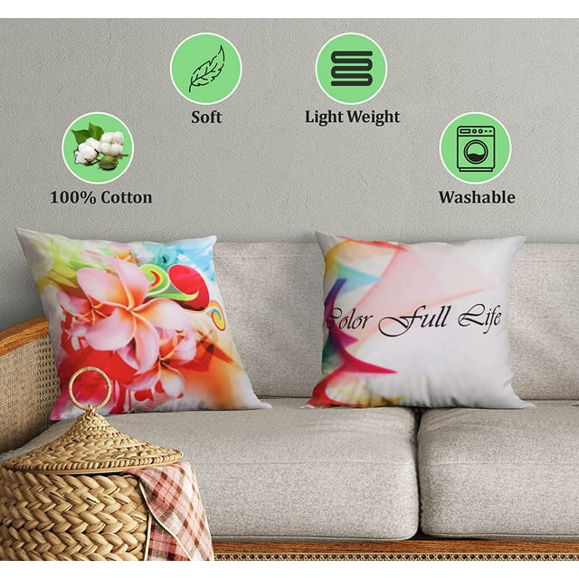 Cotton Fabric Throw Pillows, 2 Pack (16"x16") Cover & Insert, Green Abstract Floral