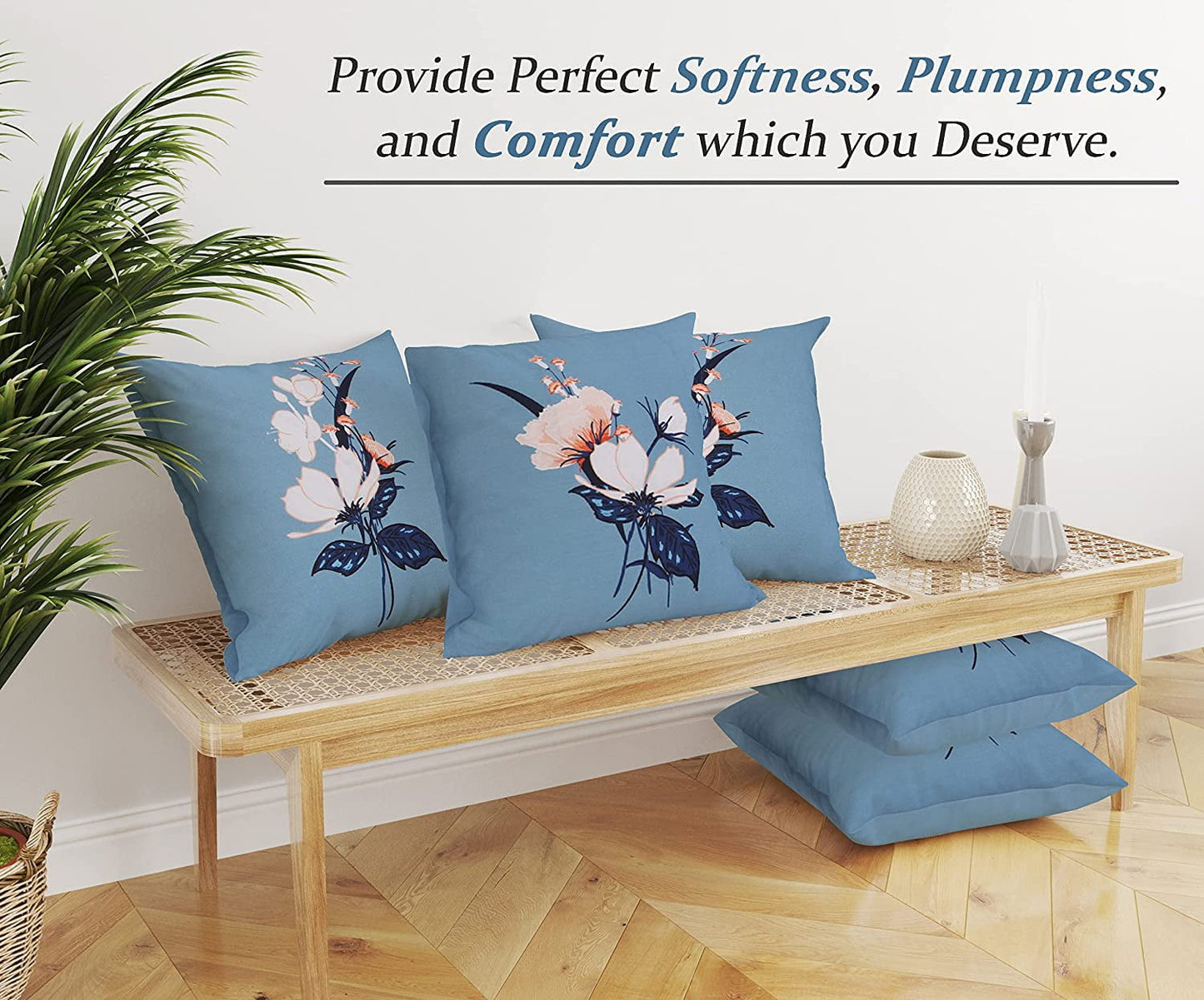 Cotton Fabric Throw Pillows, 2 Pack (18"x18") Cover & Insert: Blue, Orange Blush Floral