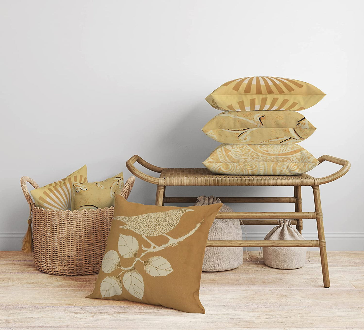 Cotton Fabric Throw Pillows, 4 Pack (16"x16") Cover & Insert, Golden Floral