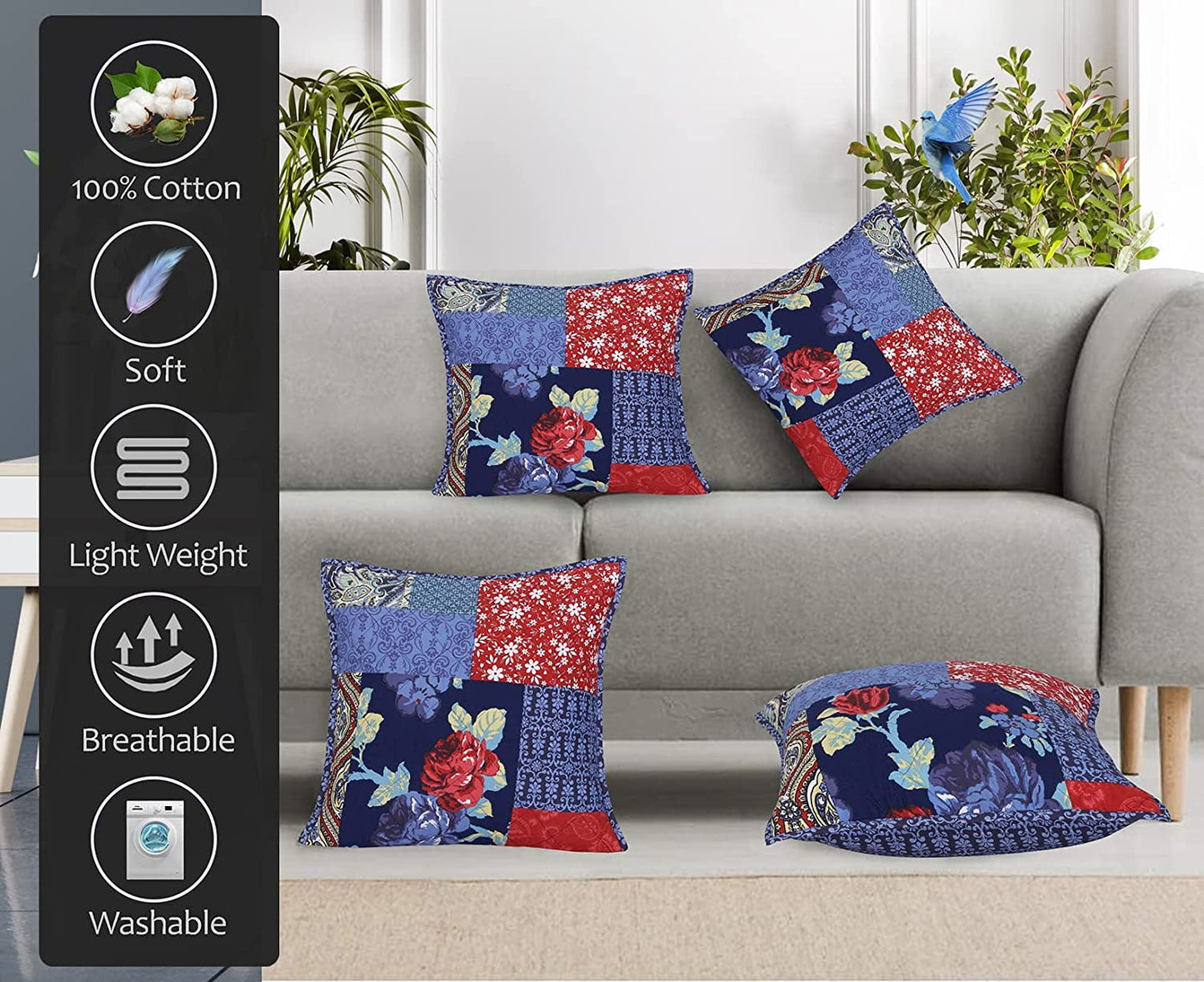 Cotton Fabric Throw Pillows, 2 Pack (18"x18") Cover Only, Patch Work Multi Navy Turqize Design