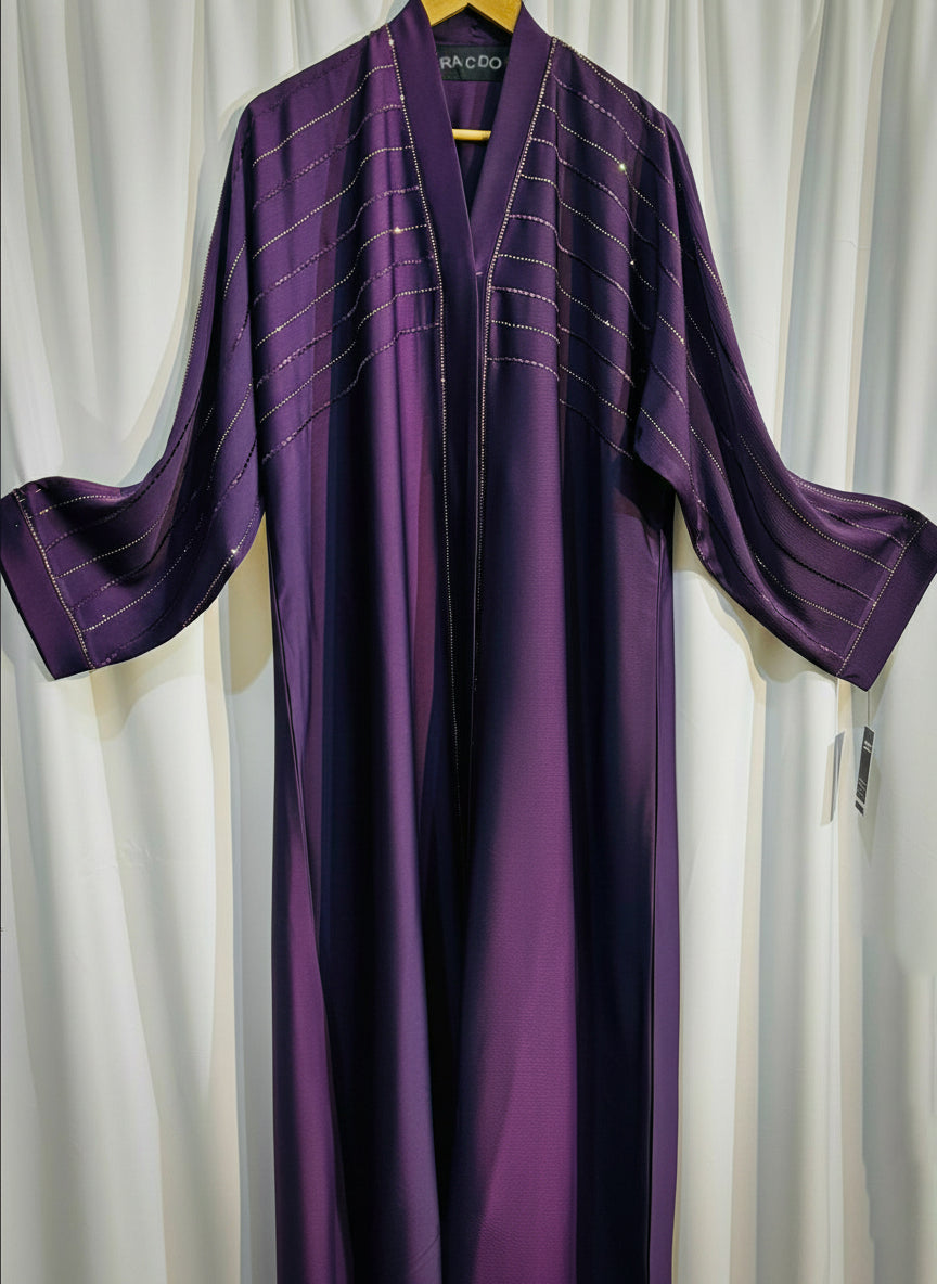 Embellished Open-Front Abaya with Kimono Sleeves & Belt