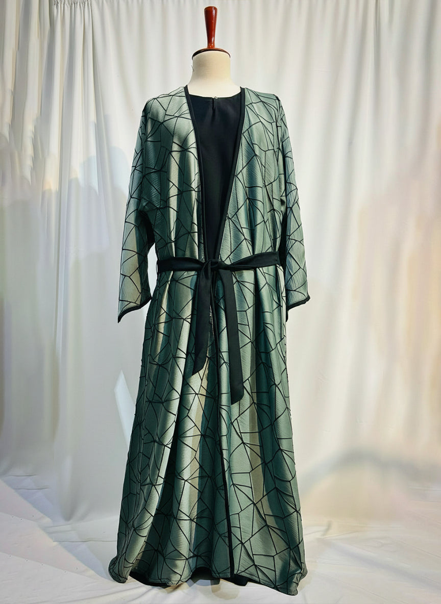 The Amara Geometric Abaya by RACDO | Satin Finish with Belt