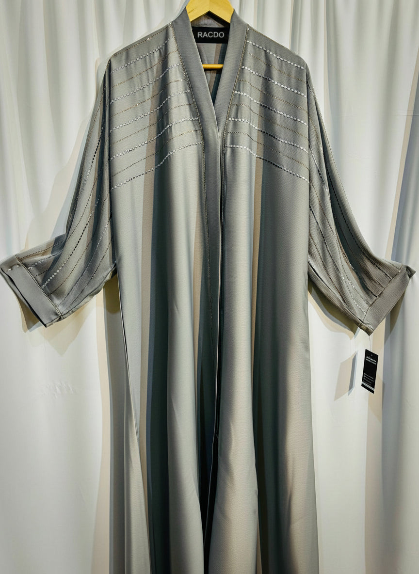 Embellished Open-Front Abaya with Kimono Sleeves & Belt