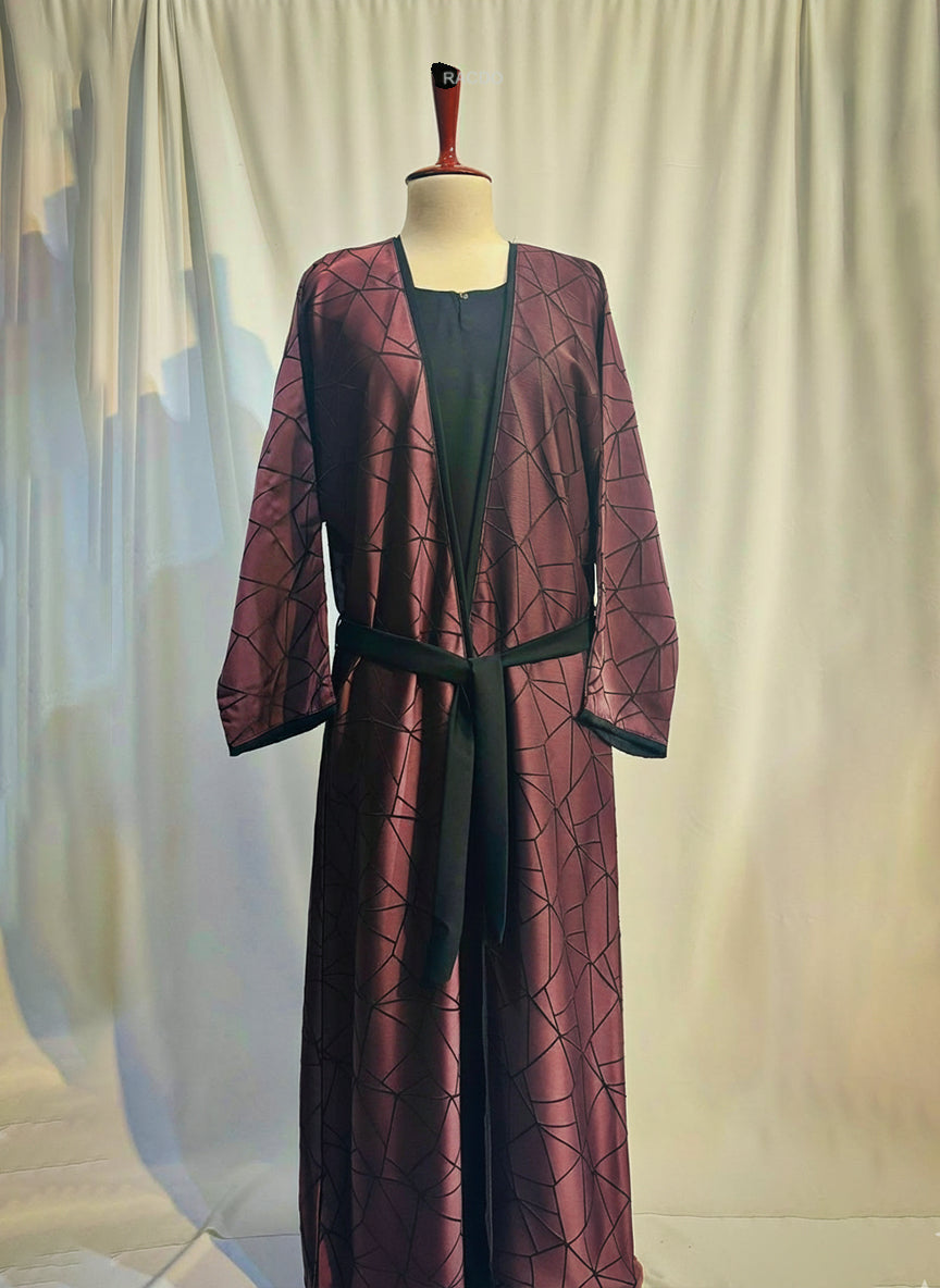 The Amara Geometric Abaya by RACDO | Satin Finish with Belt