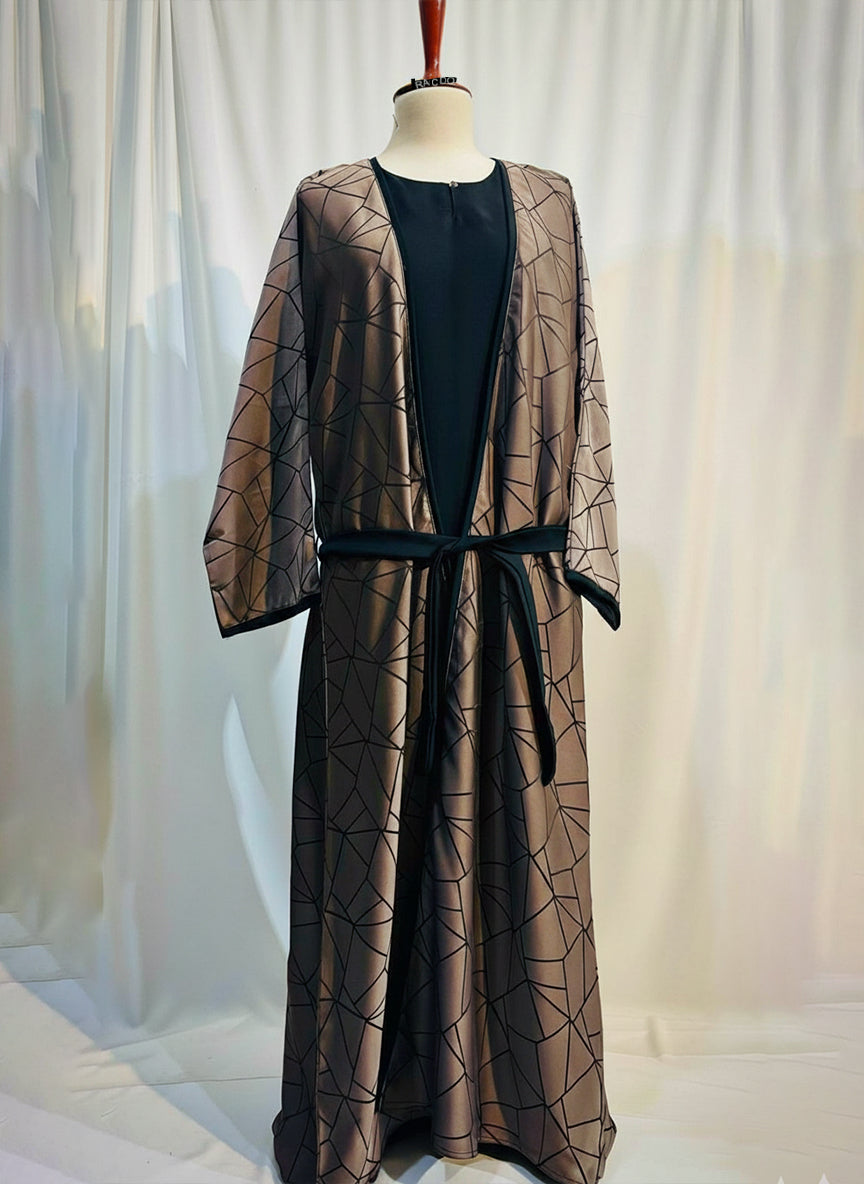 The Amara Geometric Abaya by RACDO | Satin Finish with Belt