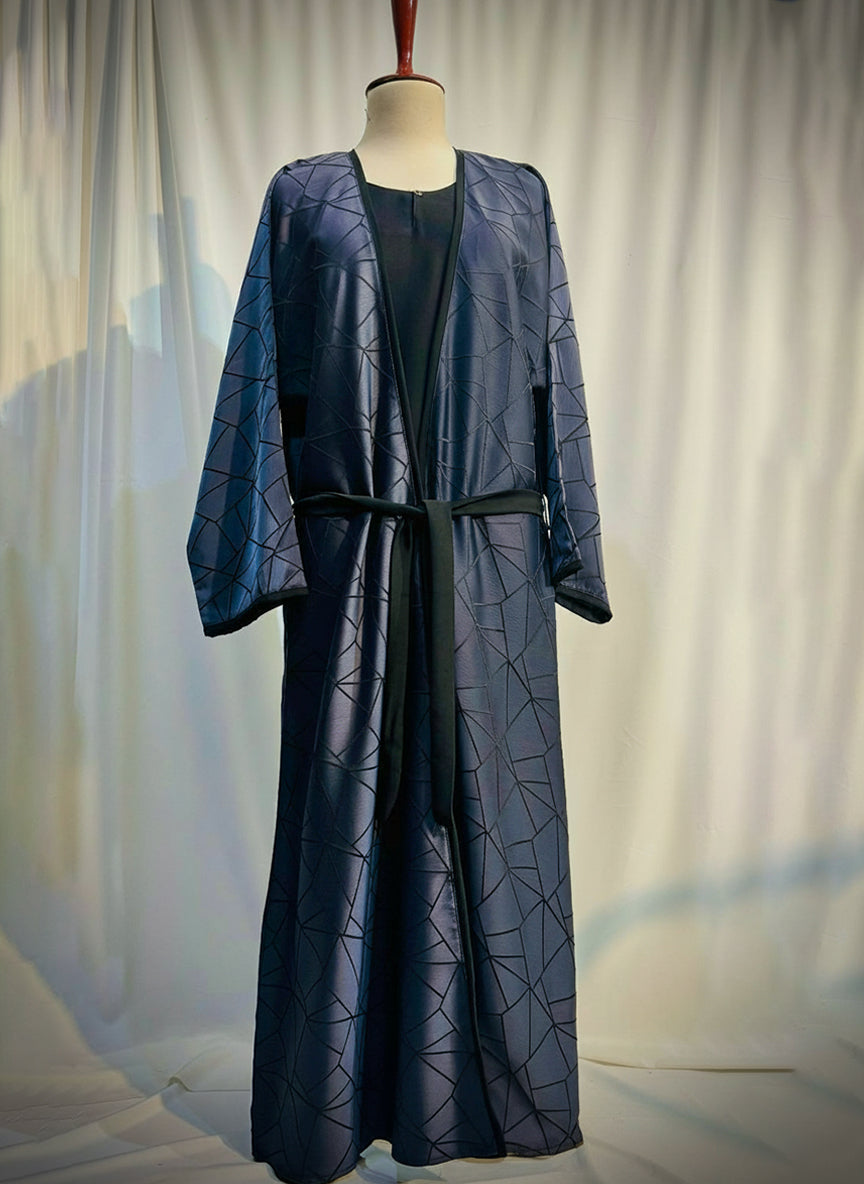 The Amara Geometric Abaya by RACDO | Satin Finish with Belt