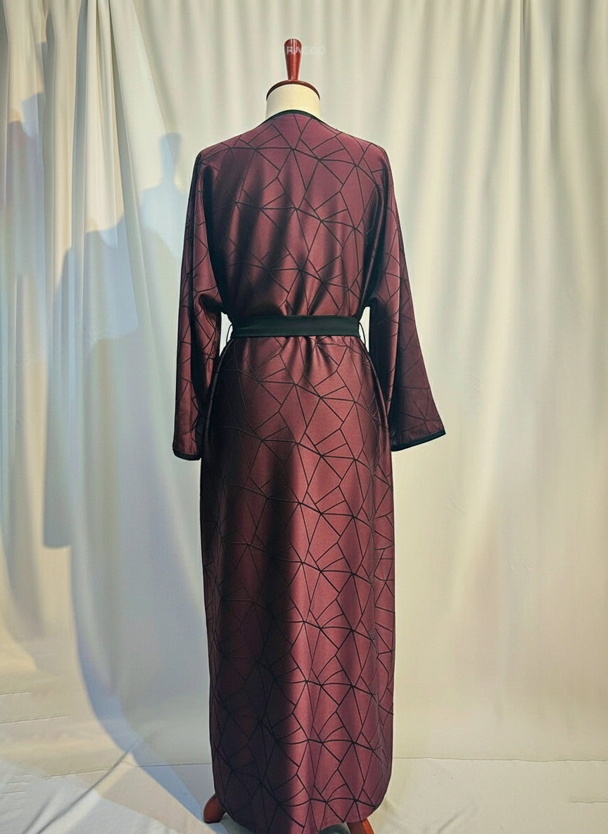 The Amara Geometric Abaya by RACDO | Satin Finish with Belt