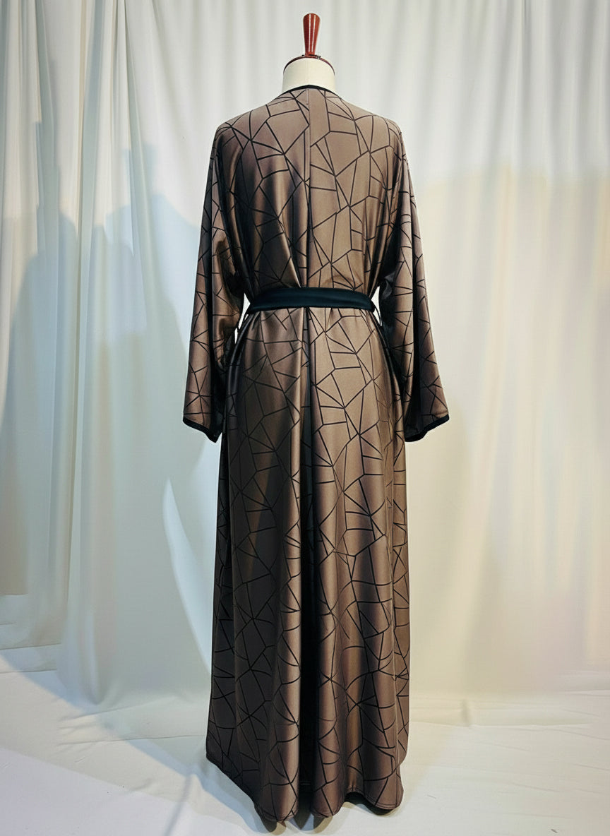 The Amara Geometric Abaya by RACDO | Satin Finish with Belt