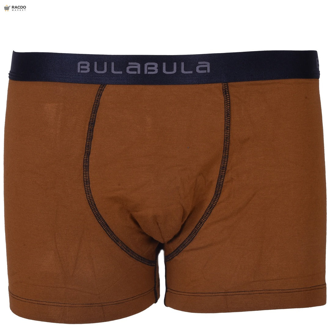 Brown boxer briefs with a navy waistband featuring 'Bulabula' branding on a white background.