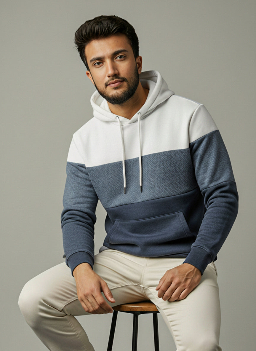 Men’s Color-Block Hoodie – White/Slate Blue/Navy