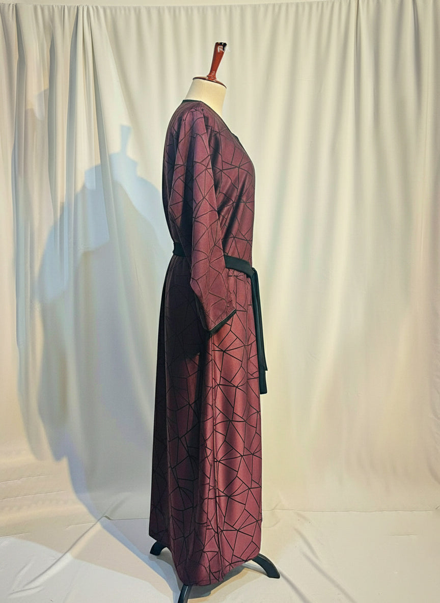The Amara Geometric Abaya by RACDO | Satin Finish with Belt