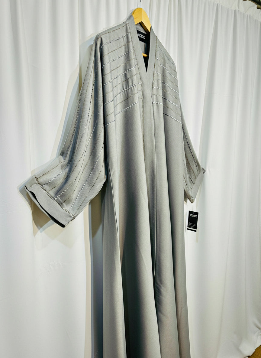 Embellished Open-Front Abaya with Kimono Sleeves & Belt