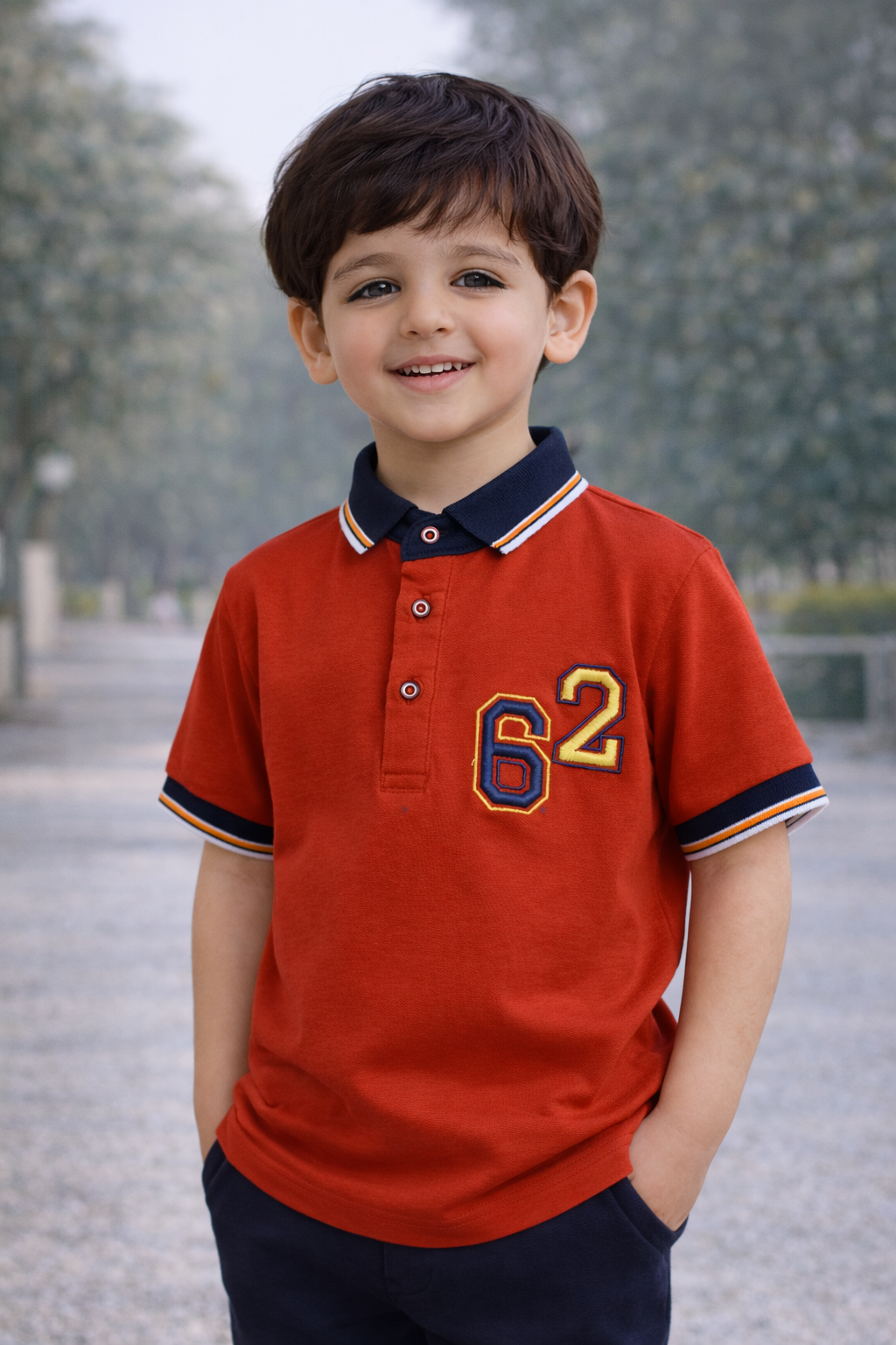 Child wearing a red polo shirt with number 62, standing outdoors.