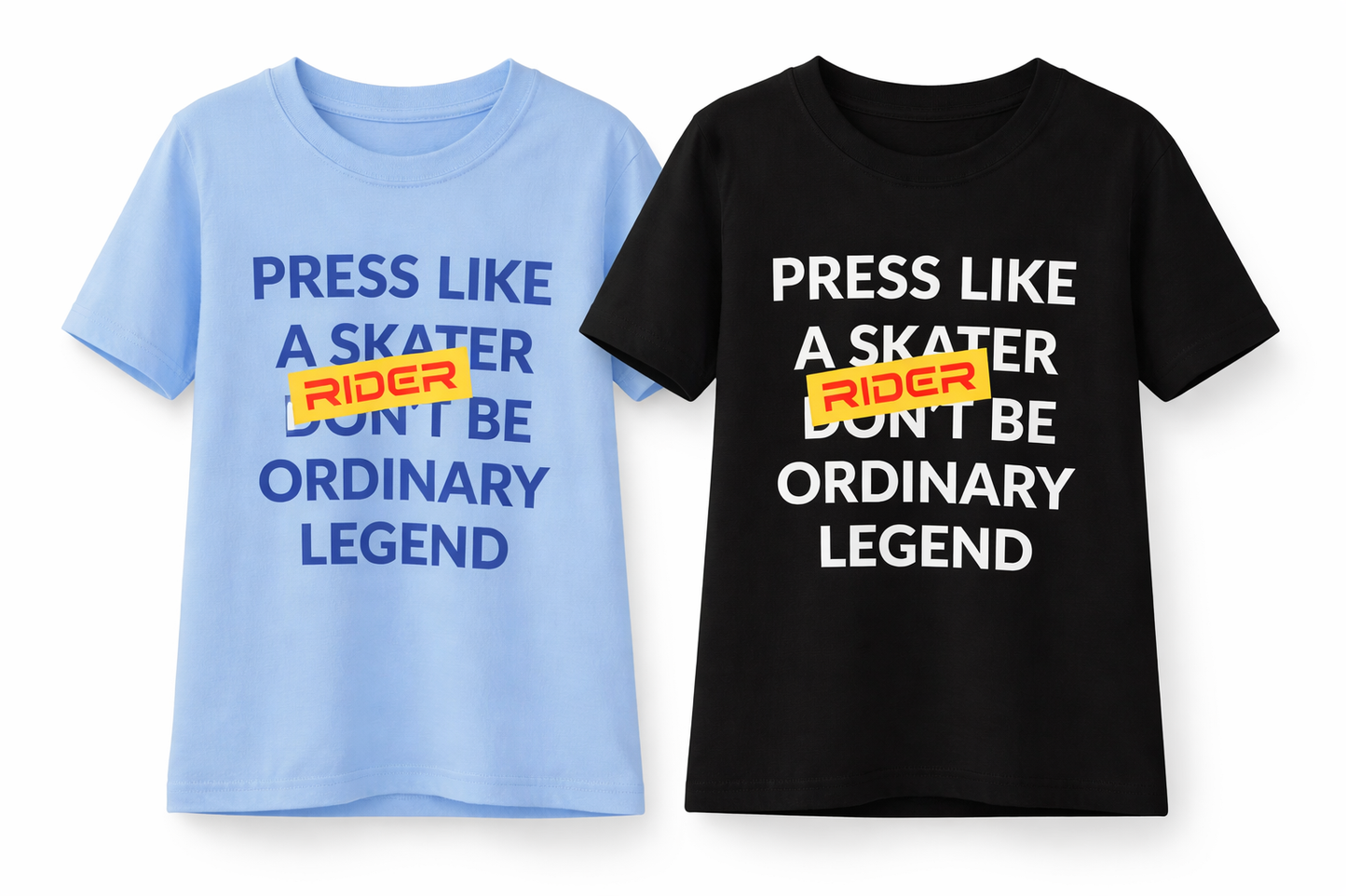 Two t-shirts, one blue and one black, with text and a brand logo on a white background.