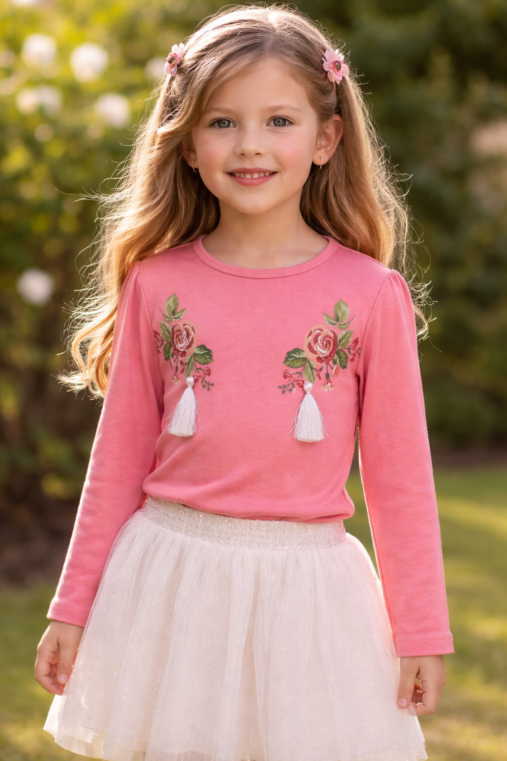 Young girl wearing a pink long-sleeve shirt with floral designs outdoors.