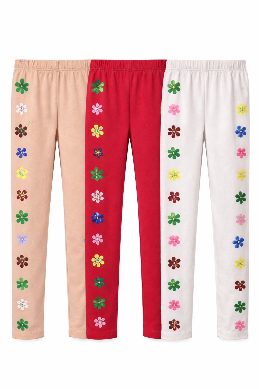 Three pairs of pants in beige, red, and white with colorful flower patterns on a white background.