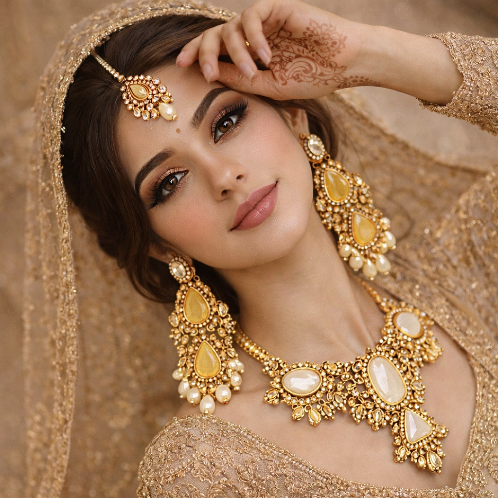 Woman wearing gold jewelry with a neutral background