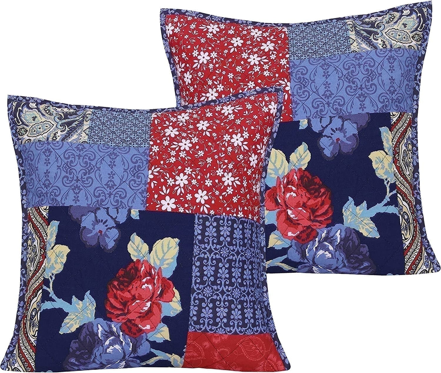 Cotton Fabric Throw Pillows, 2 Pack (18"x18") Cover Only, Patch Work Multi Navy Turqize Design