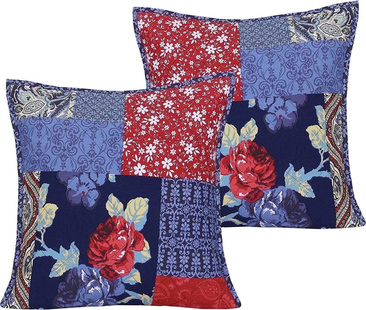 Cotton Fabric Throw Pillows, 2 Pack (18"x18") Cover Only, Patch Work Multi Navy Turqize Design