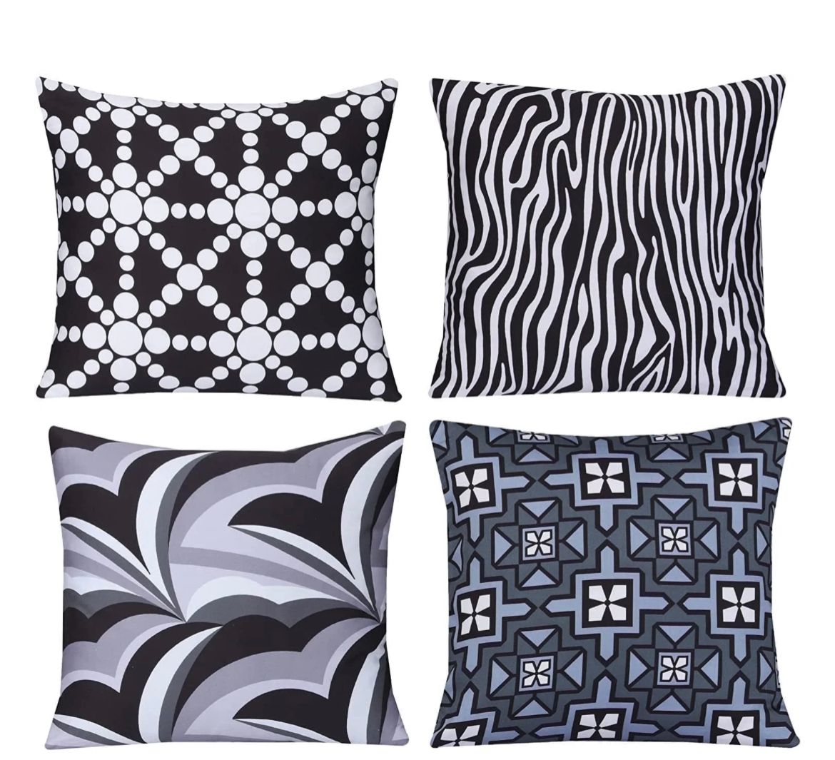 Cotton Fabric Throw Pillows, 4 Pack (16"x16") Cover & Insert, Black and Grey