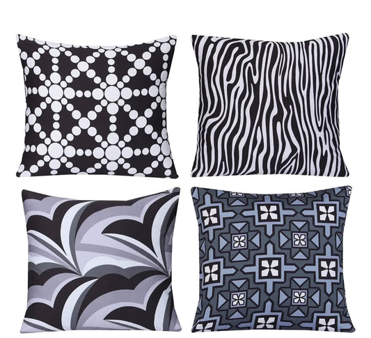 Cotton Fabric Throw Pillows, 4 Pack (16"x16") Cover & Insert, Black and Grey