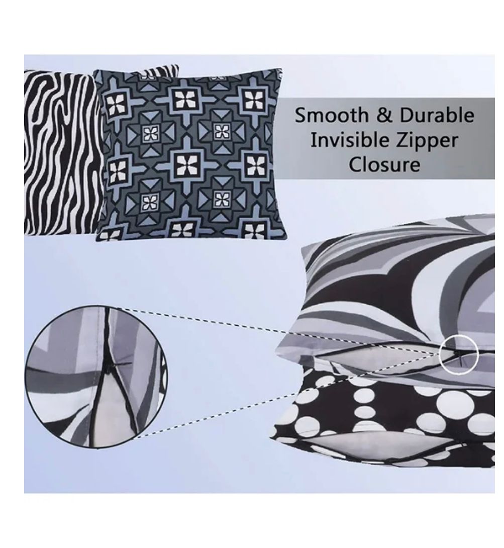 Cotton Fabric Throw Pillows, 4 Pack (16"x16") Cover & Insert, Black and Grey