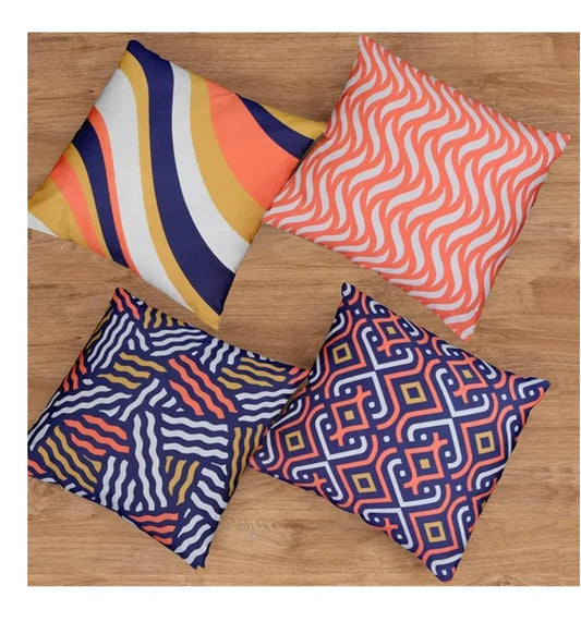 Cotton Fabric Throw Pillows, 4 Pack (16"x16") Cover & Insert, Blue and Orange Spiral