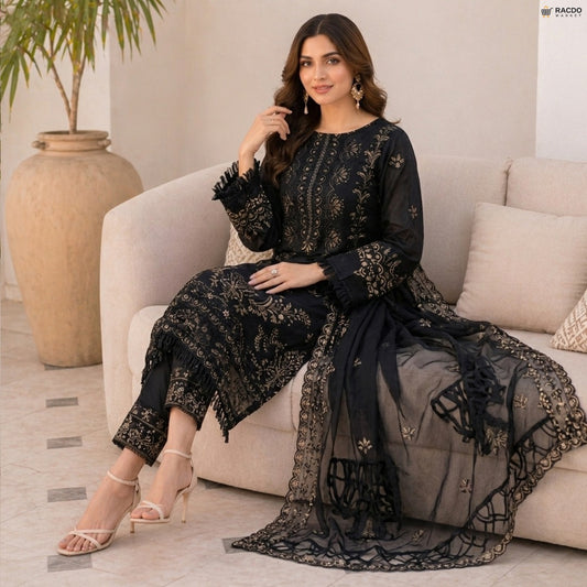 3 Piece Embroidered Lawn Shirt with Organza Dupatta 1020 | Unstitched Premium Suit