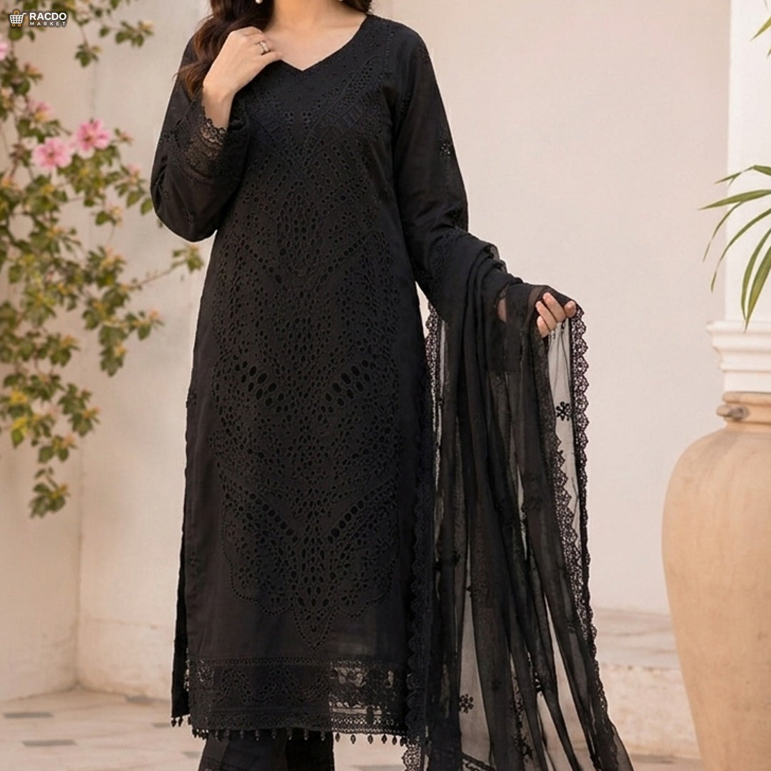Black Traditional Embroidered 3 Piece Suit for Women – Elegant Pakistani Unstitched Dress | RACDO Market