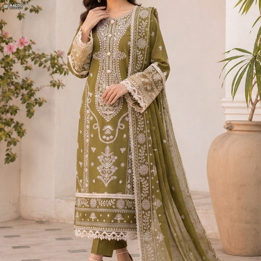 Green Embroidered Traditional 3 Piece Suit for Women – Elegant Unstitched Pakistani Dress | RACDO Market