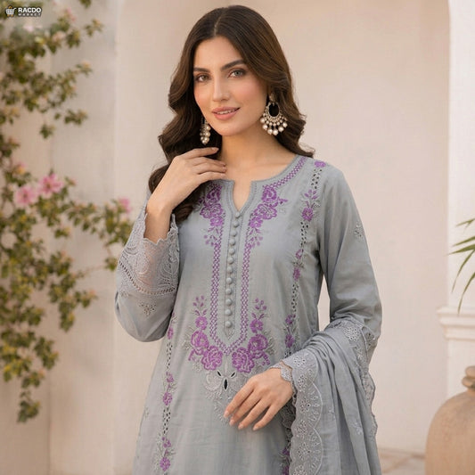 Gray Embroidered 3 Piece Suit for Women β Elegant Unstitched Pakistani Dress | RACDO Market
