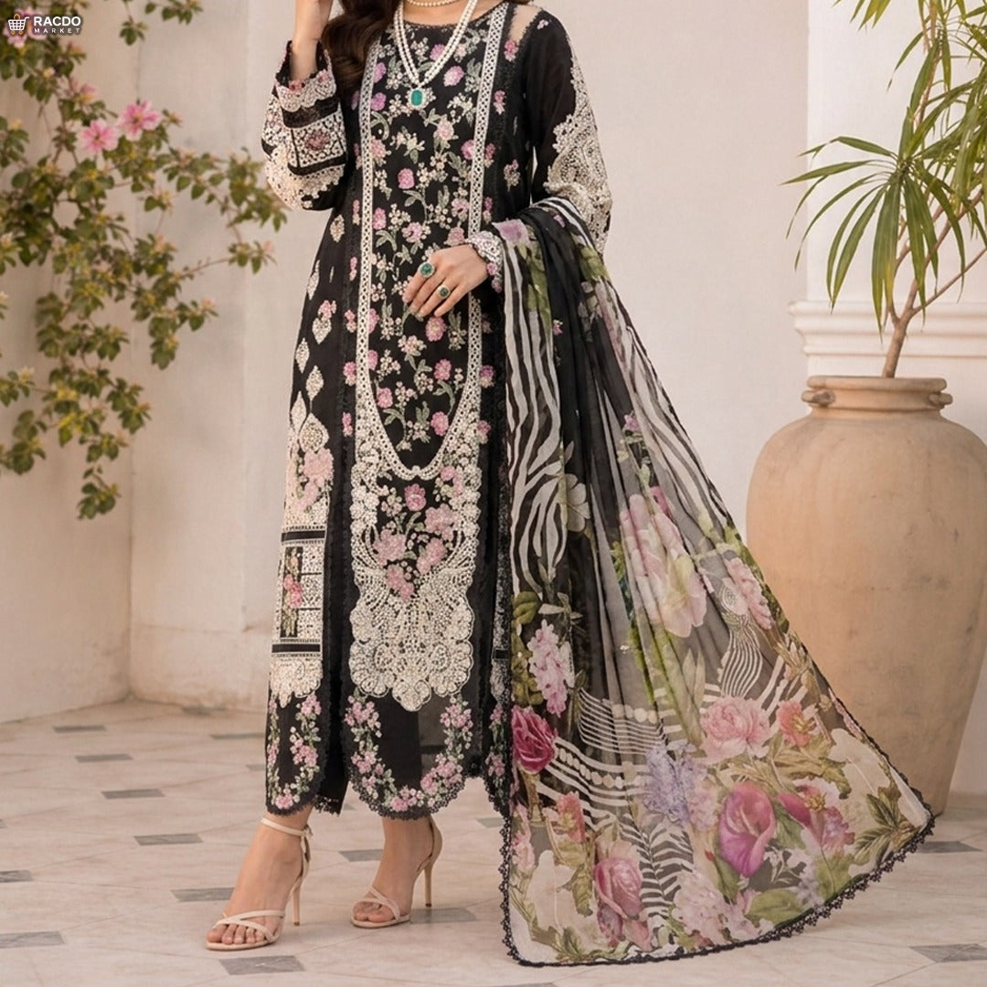 Floral Printed 3 Piece Lawn Suit for Women – Elegant Summer Unstitched Dress Pakistan | RACDO Market
