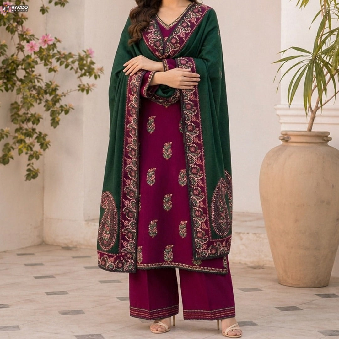 Green & Purple Traditional Embroidered 3 Piece Suit for Women – Elegant Unstitched Pakistani Dress | RACDO Market