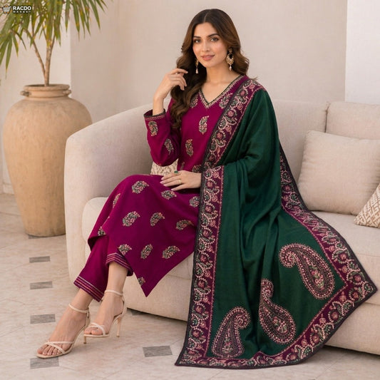Green & Purple Traditional Embroidered 3 Piece Suit for Women – Elegant Unstitched Pakistani Dress | RACDO Market