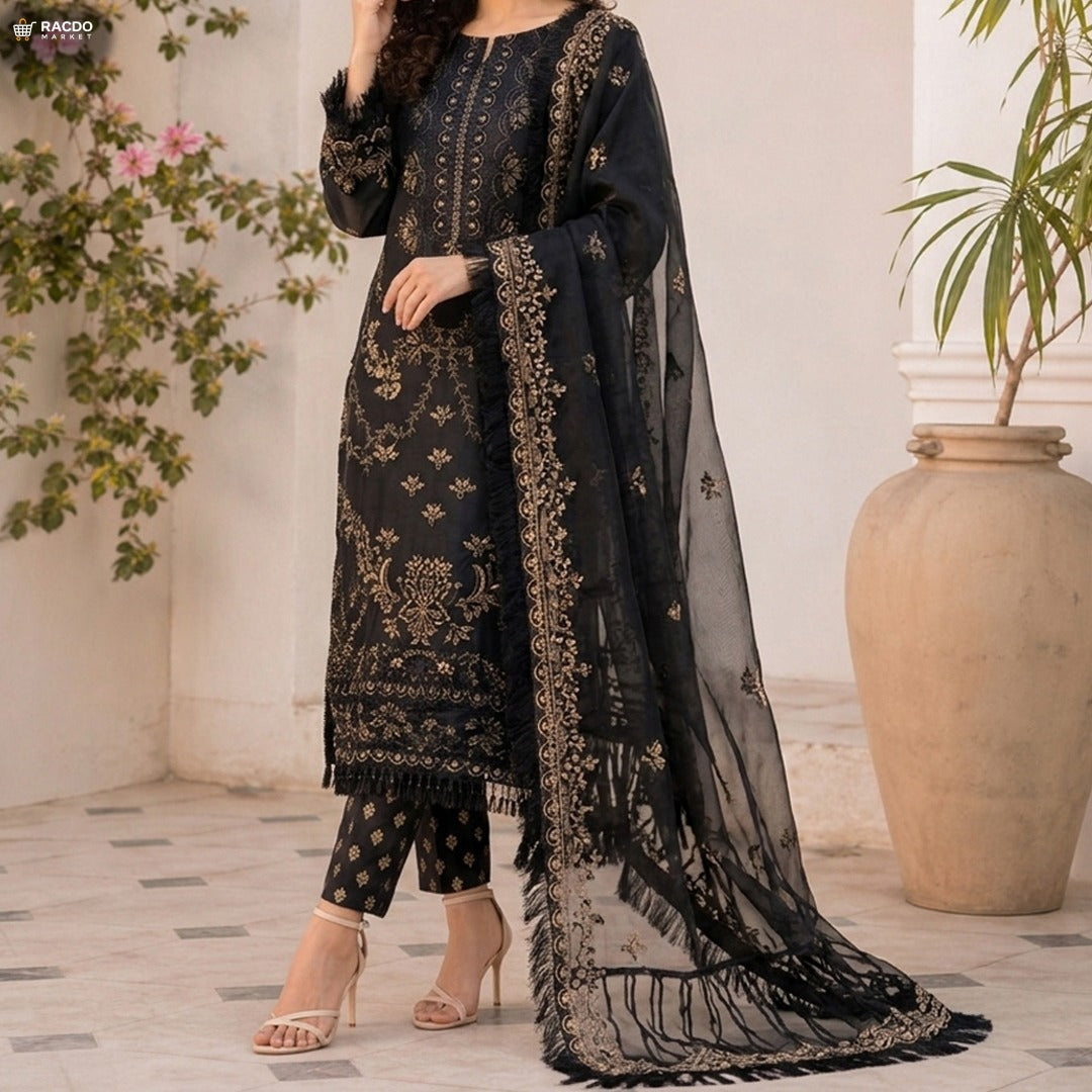 3 Piece Embroidered Lawn Shirt with Organza Dupatta 1020 | Unstitched Premium Suit