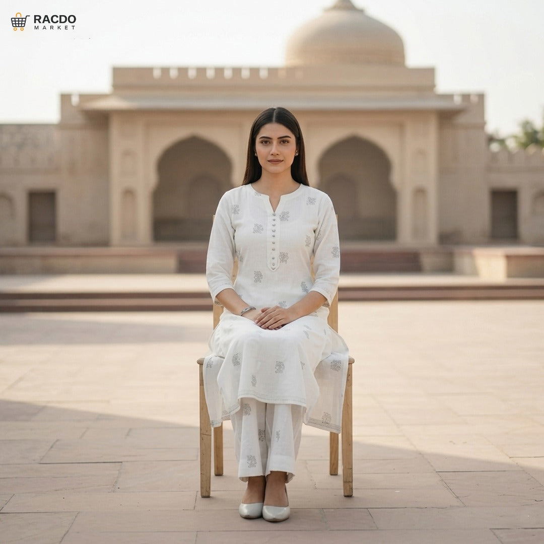 White Printed 2PC Unstitched Fabric – Premium Soft Breathable Suit Material