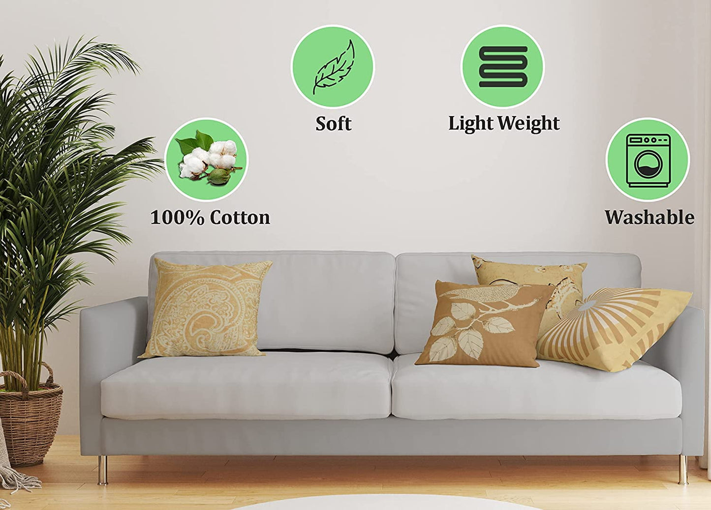 Cotton Fabric Throw Pillows, 4 Pack (16"x16") Cover & Insert, Golden Floral