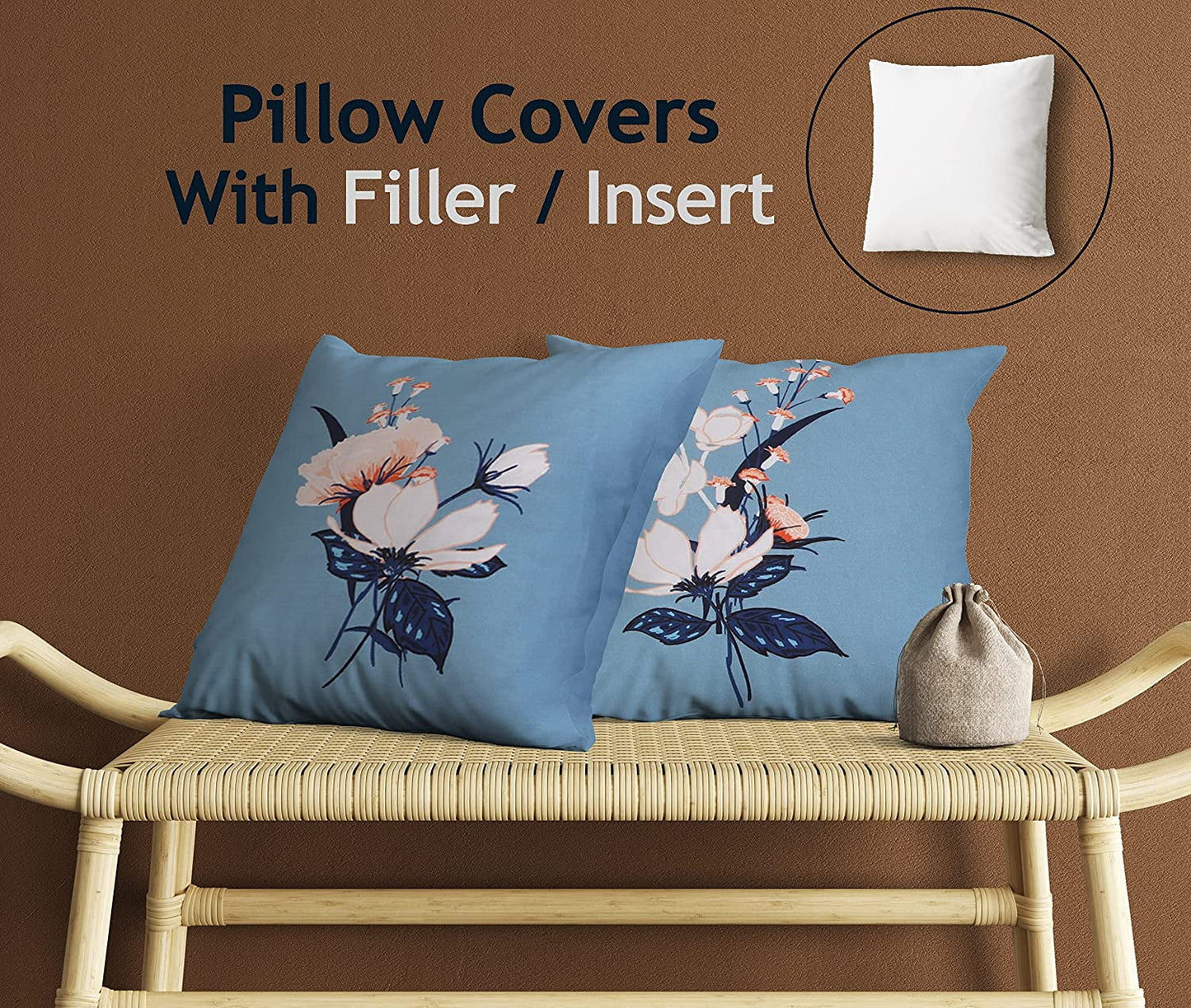 Cotton Fabric Throw Pillows, 2 Pack (18"x18") Cover & Insert: Blue, Orange Blush Floral