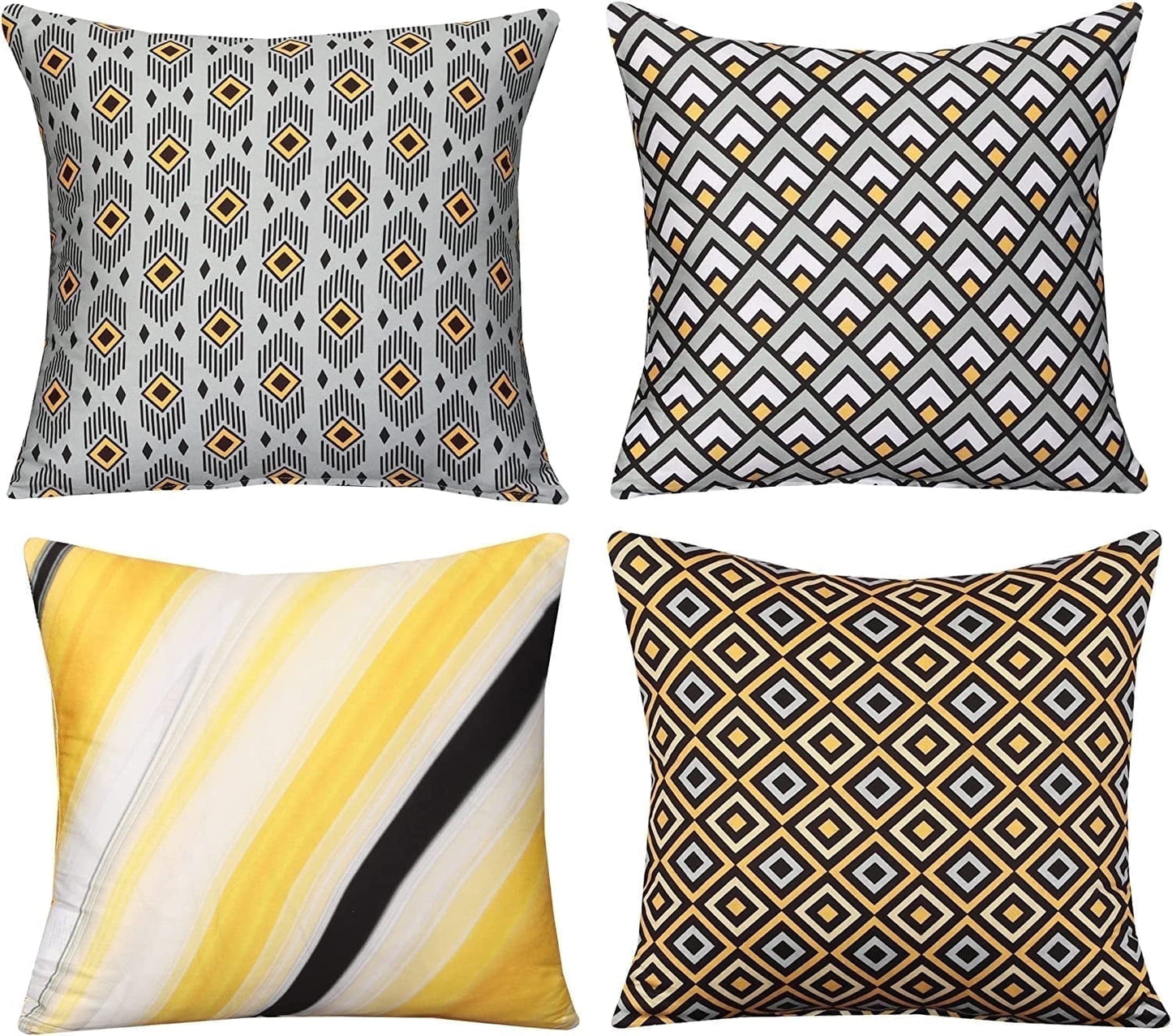 Cotton Fabric Throw Pillows, 4 Pack (16"x16") Cover & Insert, Grey and Yellow Geometric