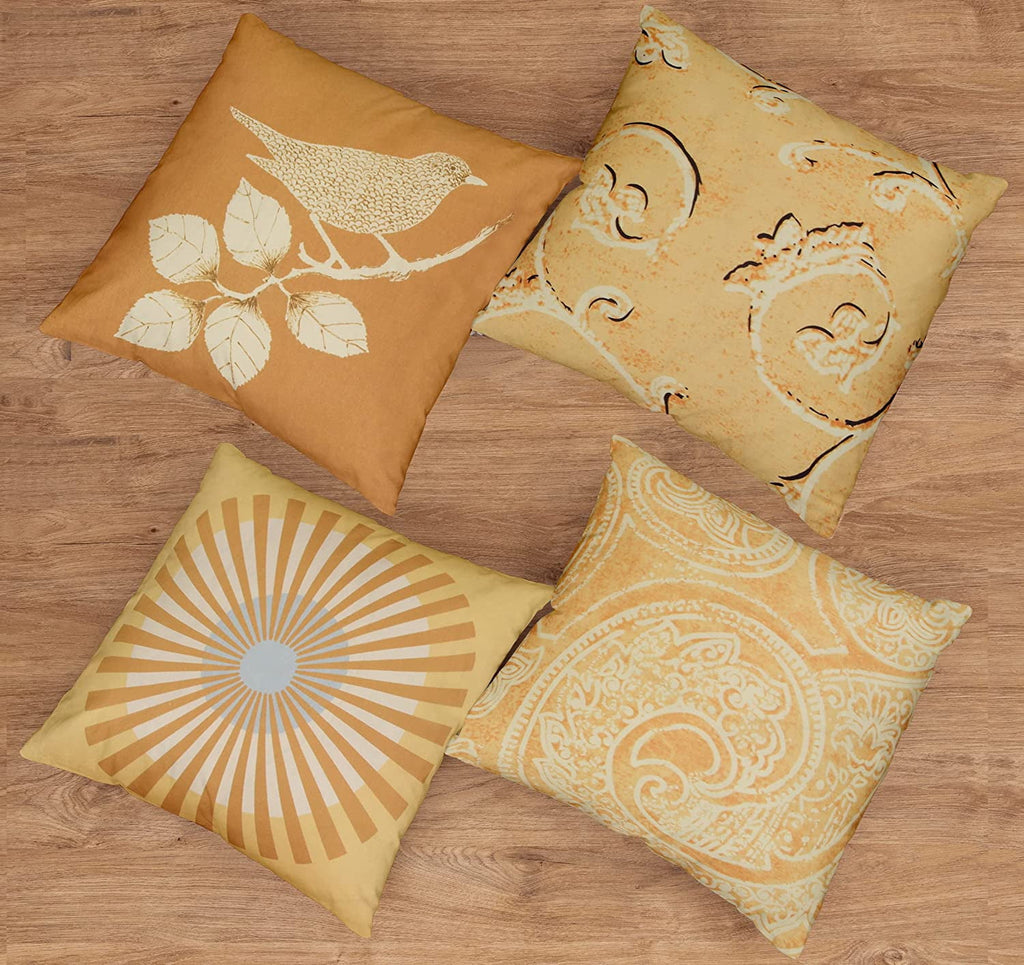 Cotton Fabric Throw Pillows, 4 Pack (16"x16") Cover & Insert, Golden Floral