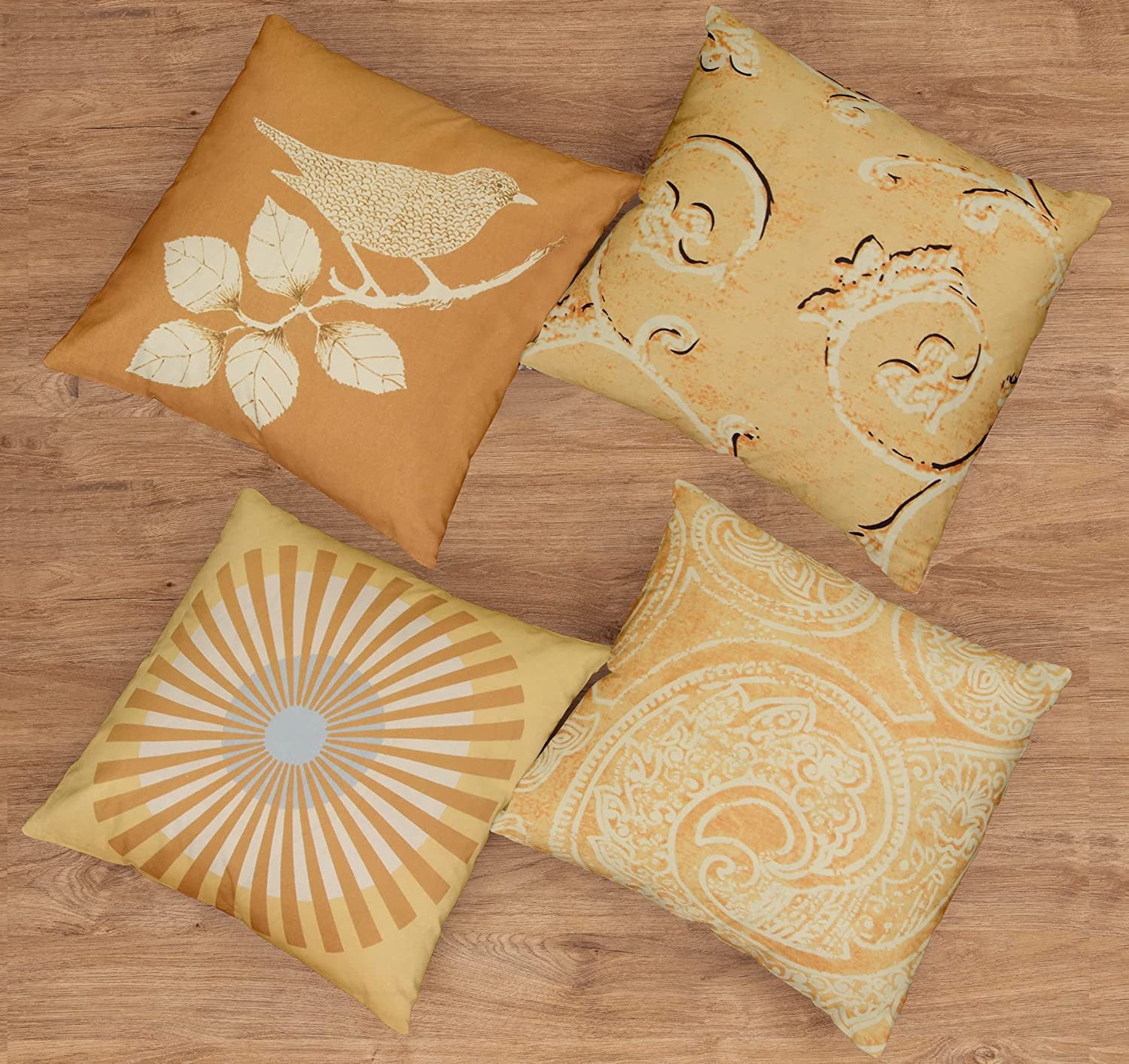 Cotton Fabric Throw Pillows, 4 Pack (16"x16") Cover & Insert, Golden Floral