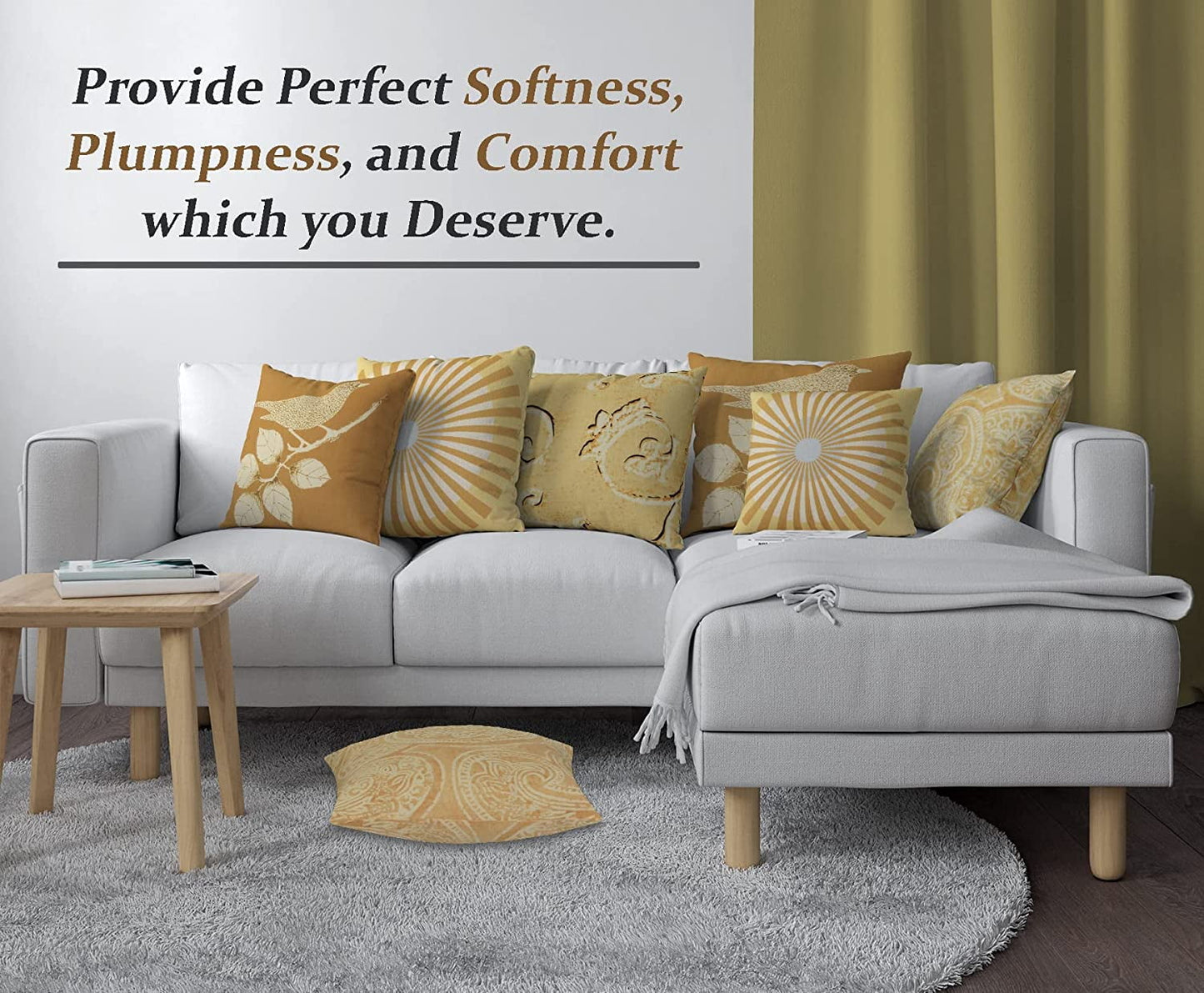 Cotton Fabric Throw Pillows, 4 Pack (16"x16") Cover & Insert, Golden Floral