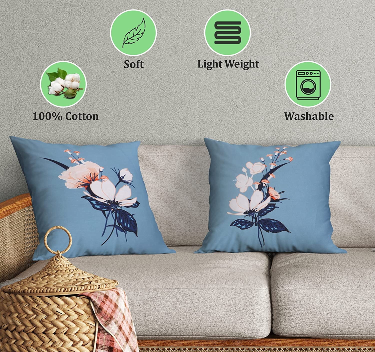 Cotton Fabric Throw Pillows, 2 Pack (18"x18") Cover & Insert: Blue, Orange Blush Floral