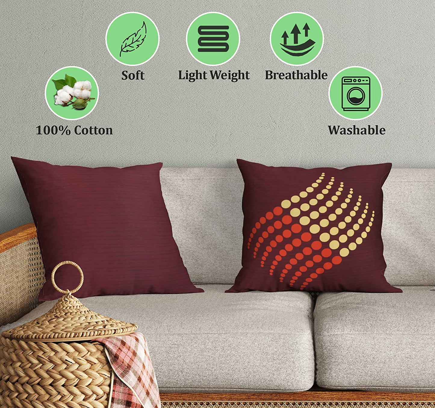 Cotton Fabric Throw Pillows, 2 Pack (18"x18") Cover Only, Burgundy