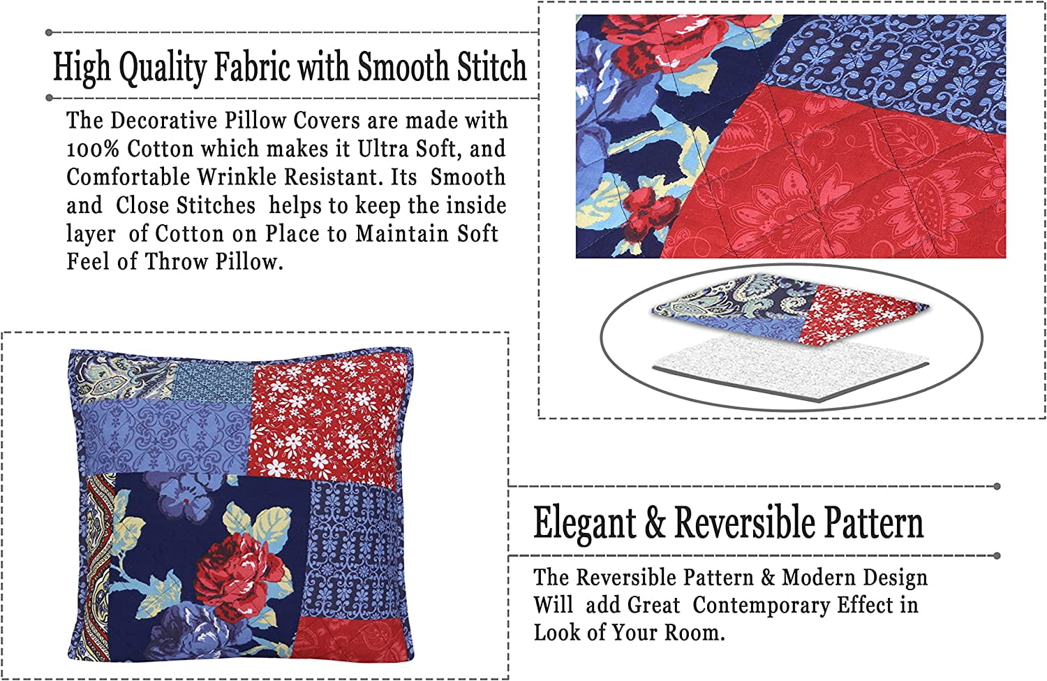 Cotton Fabric Throw Pillows, 2 Pack (18"x18") Cover Only, Patch Work Multi Navy Turqize Design