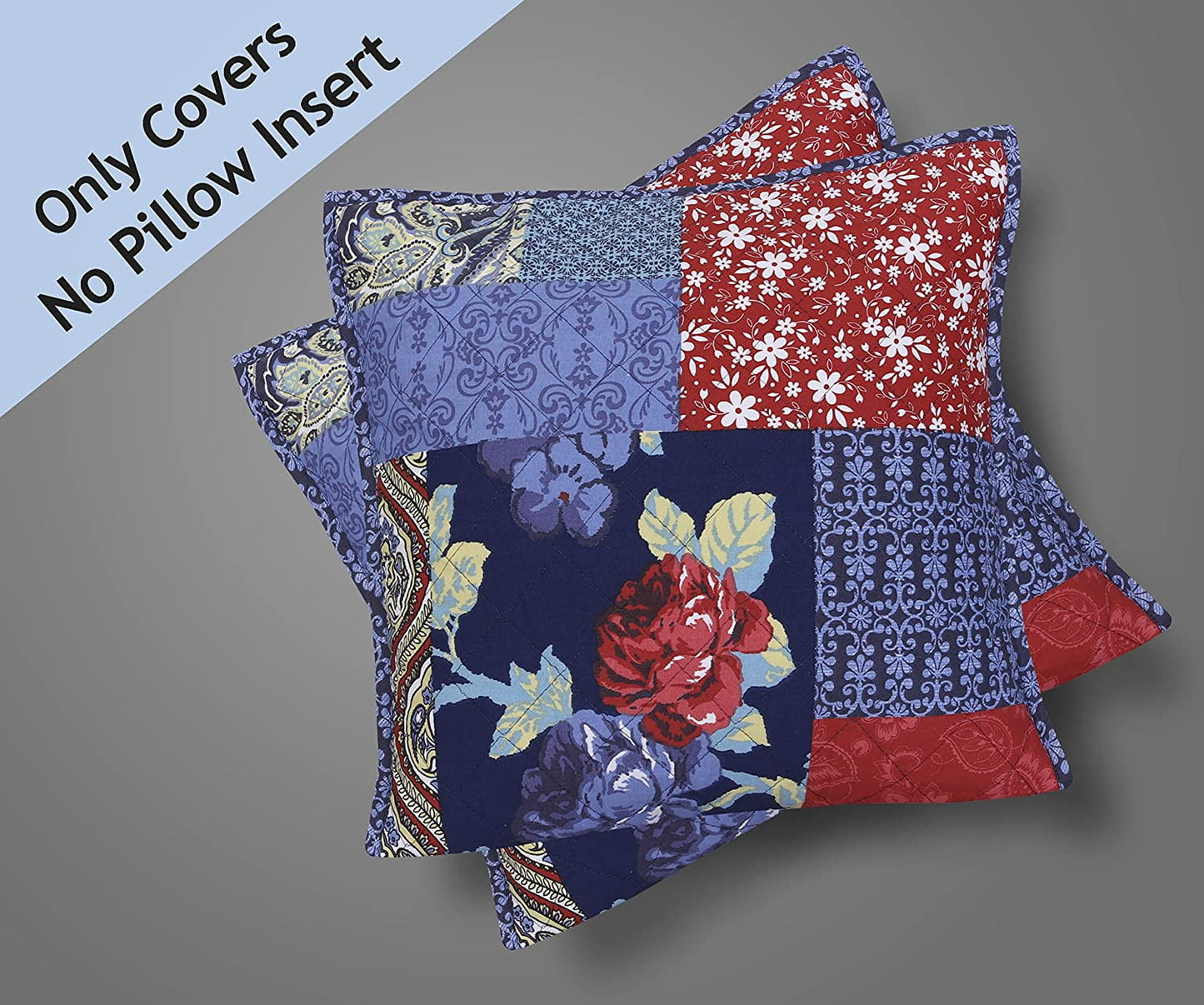 Cotton Fabric Throw Pillows, 2 Pack (18"x18") Cover Only, Patch Work Multi Navy Turqize Design