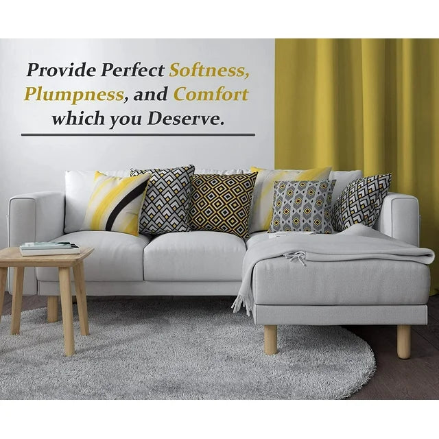 Cotton Fabric Throw Pillows, 4 Pack (16"x16") Cover & Insert, Grey and Yellow Geometric