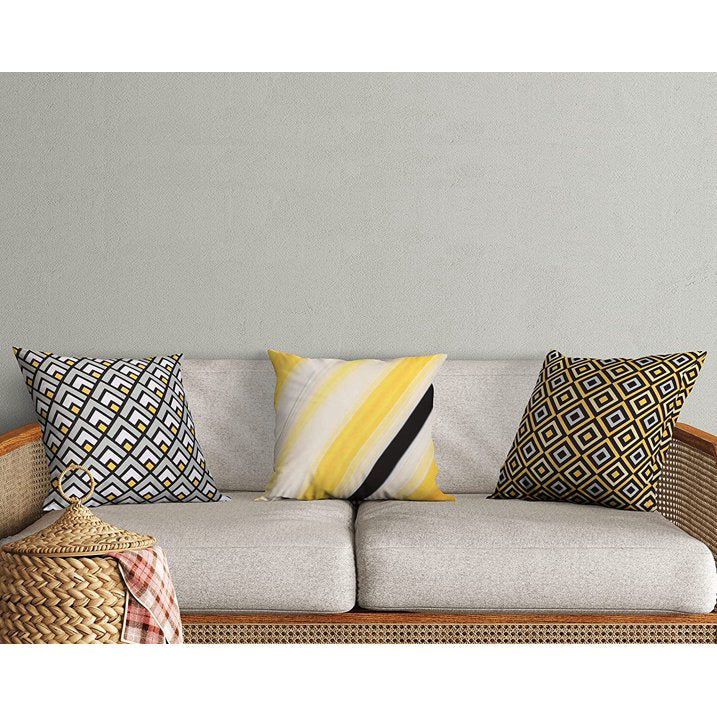 Cotton Fabric Throw Pillows, 4 Pack (16"x16") Cover & Insert, Grey and Yellow Geometric