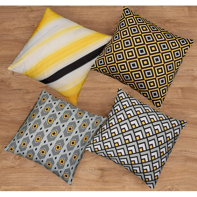 Cotton Fabric Throw Pillows, 4 Pack (16"x16") Cover & Insert, Grey and Yellow Geometric